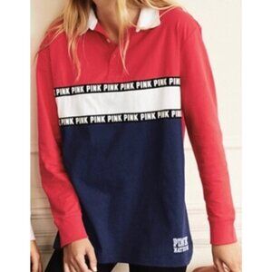 PINK VS VICTORIA'S SECRET Rugby Button Up Tee Red Navy Colorblock Long Sleeve XS
